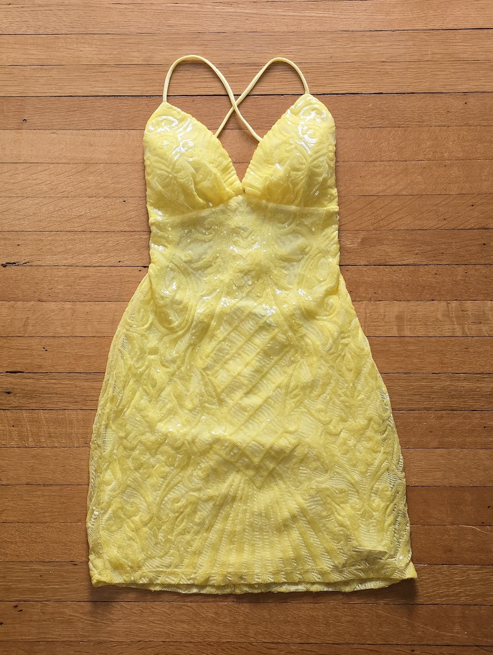 Windsor, Tobi Lace-Up Bodycon Sequin Party Mini Dress, Yellow, EUC, Women's M